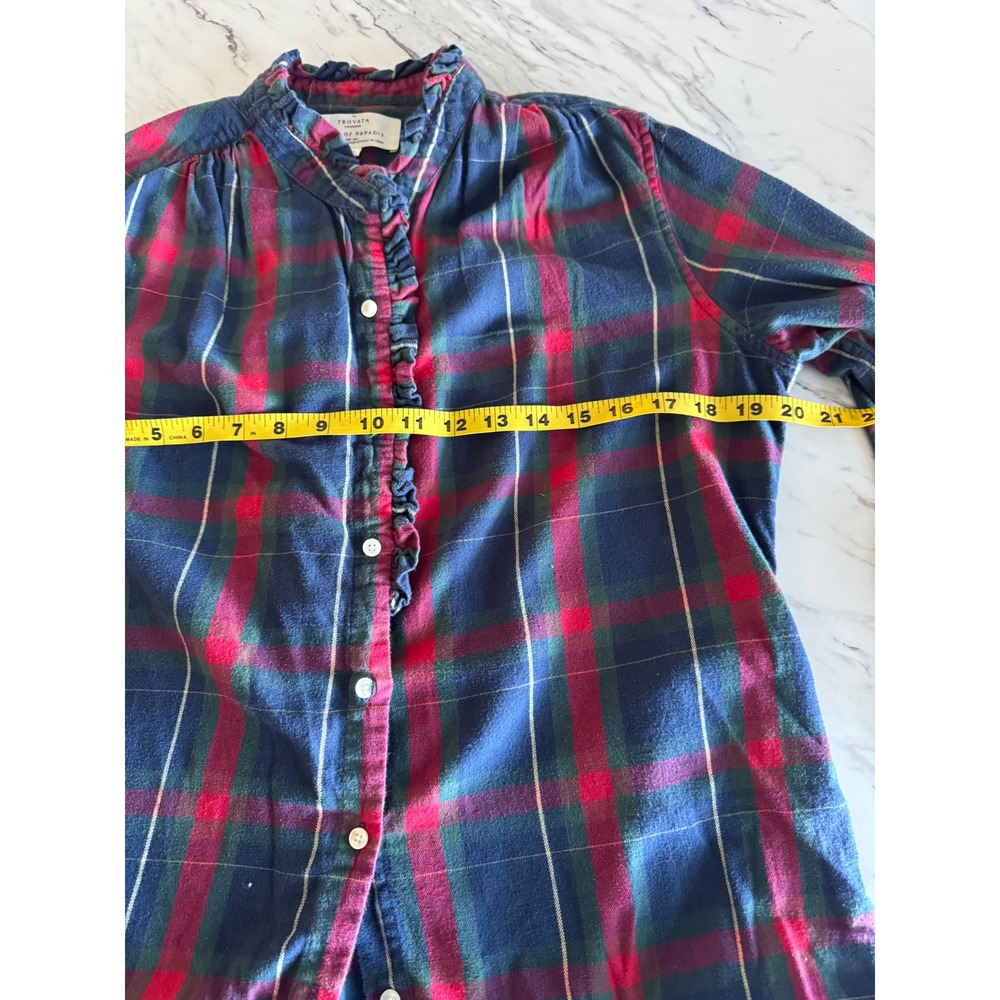 Birds of Paradis by Trovata Plaid Flannel Ruffle Collar Shirt Navy Red Medium - Picture 5 of 6